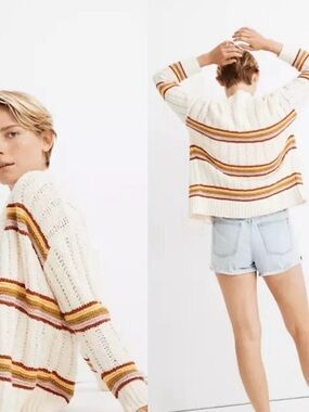 Madewell Cream Striped Open-Knit Sweater with Mustard & Rust Accents, Size Small